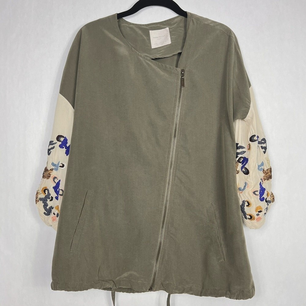 Zara Trafaluc Jacket Womens XS Green Multi Embroidered Sleeve Diagonal Zip Up